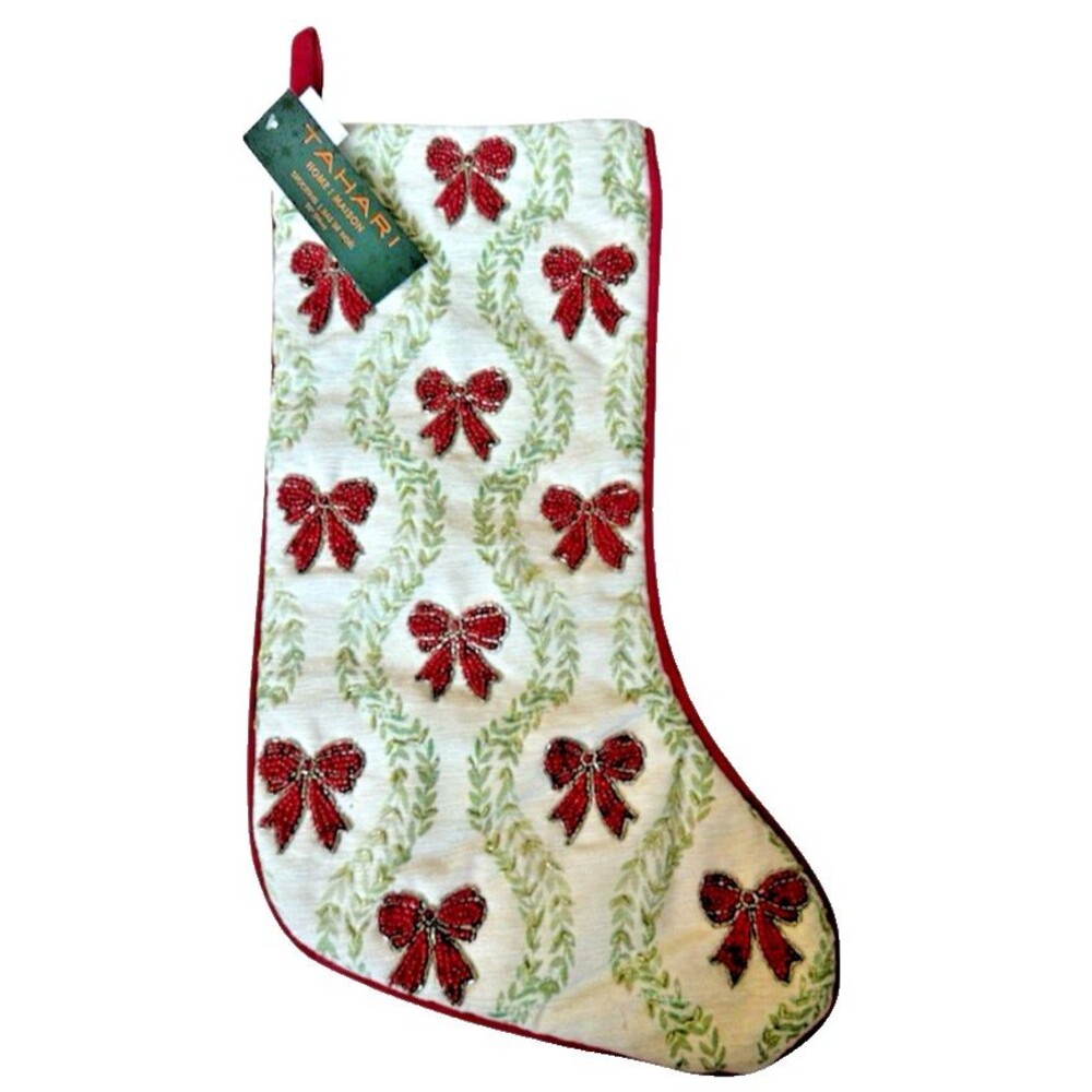 Tahari Home Christmas Stocking Beaded Bows Red Gold Silver Green 22” Coquette